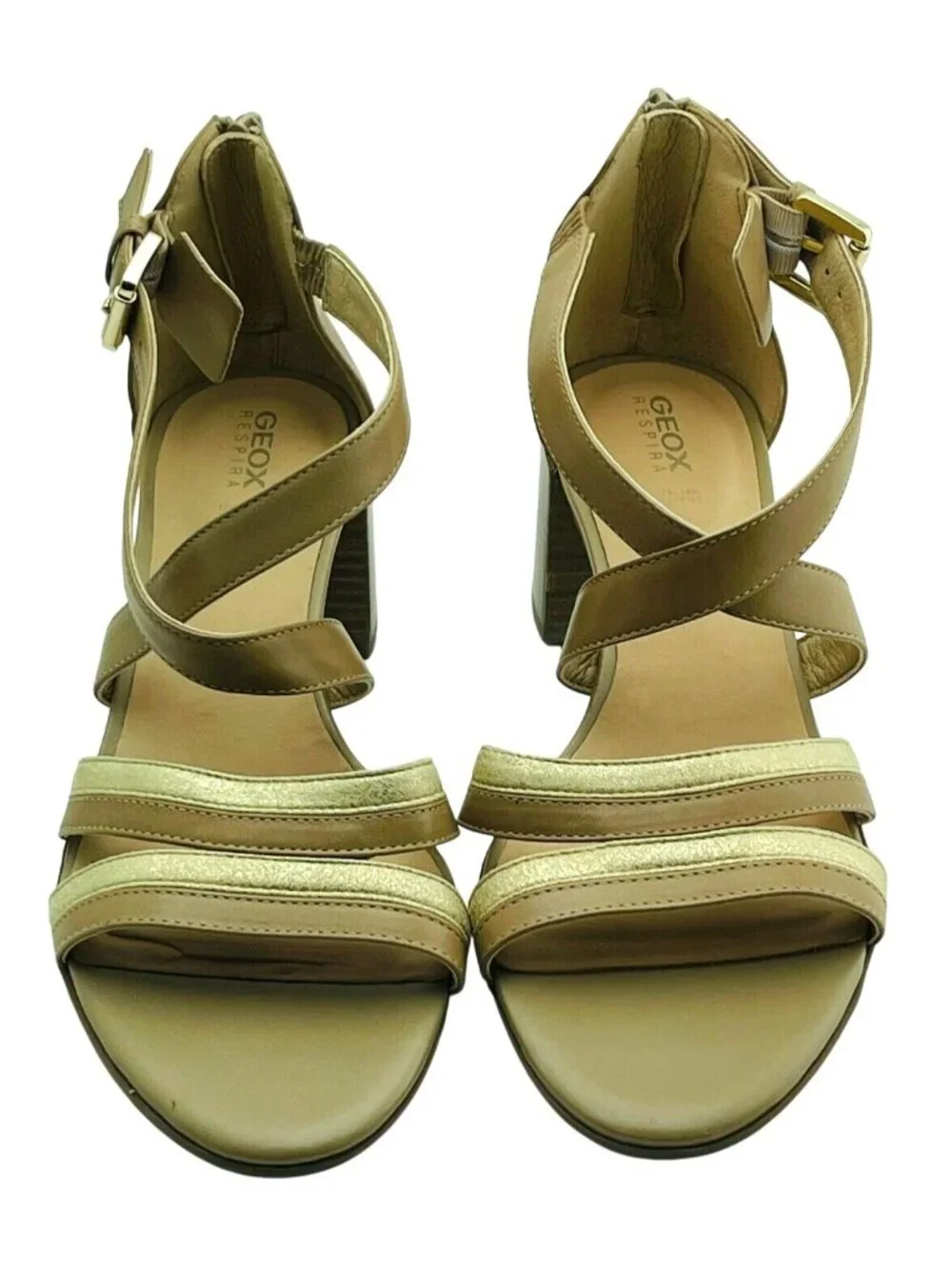 Geox Womens Leather Strappy Heeled Sandals With Back Zipper Closure Brown Size 4